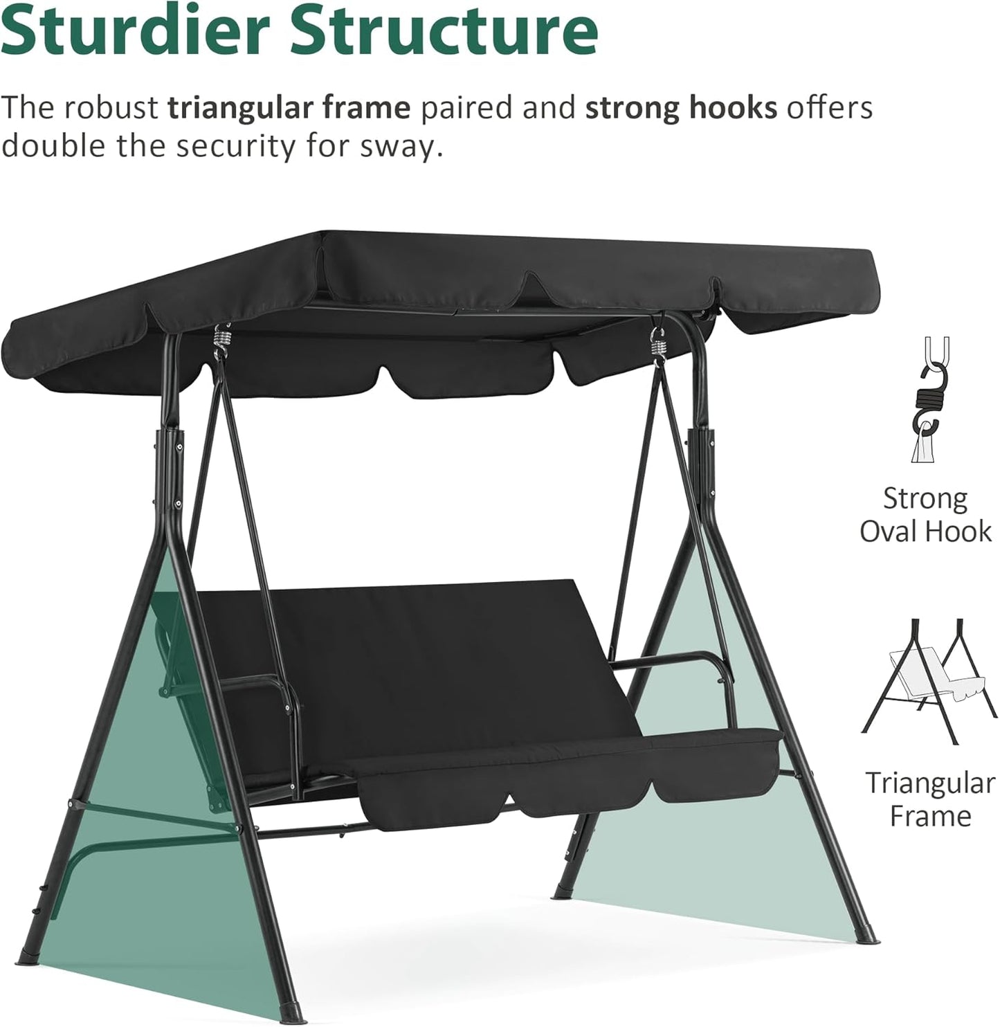 MCombo 2-3 Person Outdoor Patio Swing Chair, Convertible Canopy Hanging Swing Glider Lounge Chair, Removable Cushions, 4003 (Black)-VerdiqueGarden