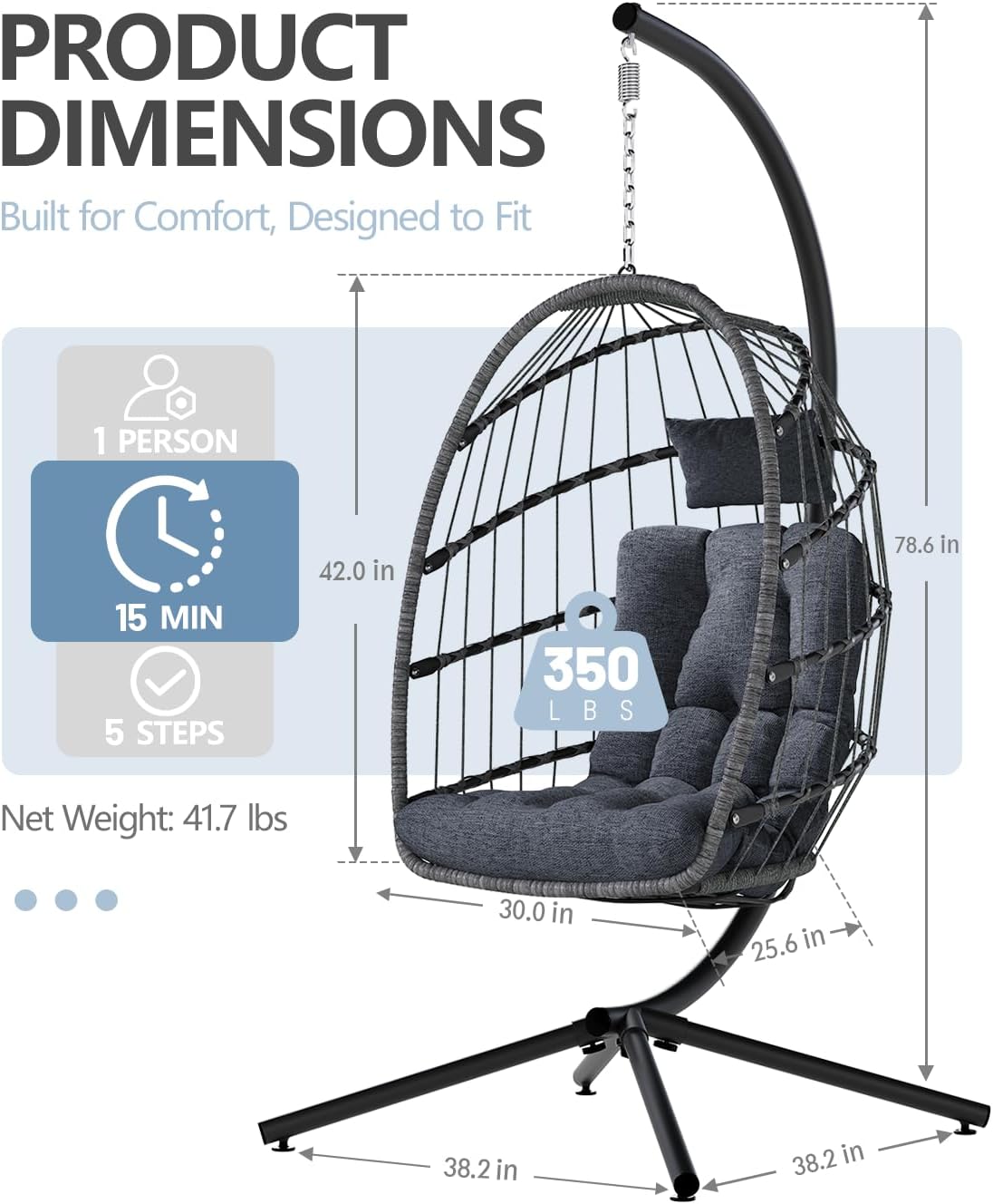 SWITTE Egg Chair Outdoor with Stand, Indoor Wicker Hanging Egg Swing Chair with Cushion, 350lbs Capacity for Patio, Bedroom, Garden - Dark Grey-VerdiqueGarden
