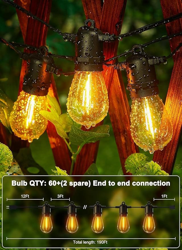 190FT Outdoor String Lights for Patio with 62 Shatterproof S14 Vintage Edison Bulbs, Waterproof Outside Hanging Lights for Backyard Deck Garden Party Xmas Decor, 2700K-VerdiqueGarden