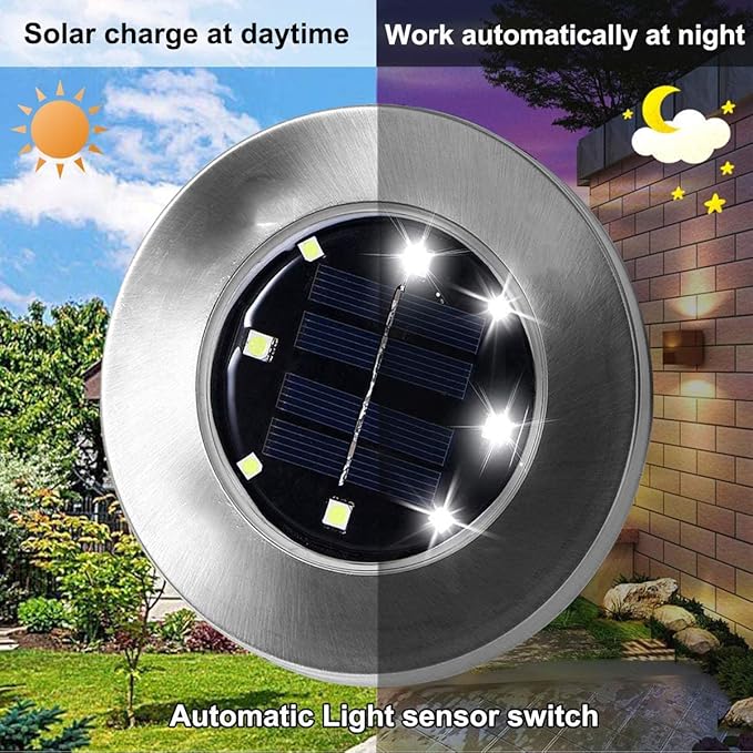Solar Ground Lights, 4 Pack 8 LED White Solar Pathway Lights, Waterproof, Modern, Outdoor, In-Ground, Garden, Path, Deck, Lawn, Patio, Walkway-VerdiqueGarden