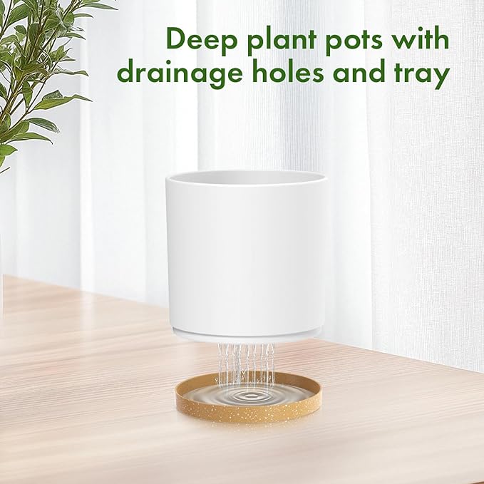 10/8/6 inch Deep Plant Pots, 3 Pack Cylindrical Large Flower Pots for Outdoor Indoor Plants, Tall Plastic Planters with Drainage Holes and Saucers for Garden House Plants, White with Brown-VerdiqueGarden