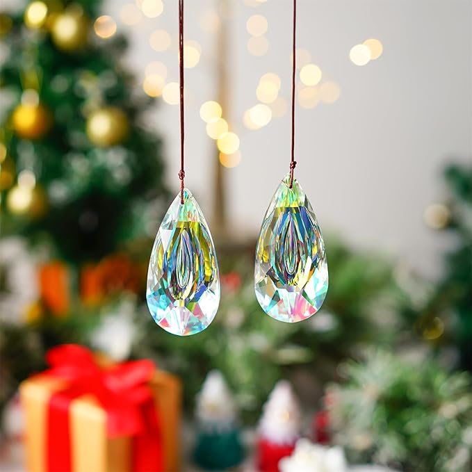 HDCRYSTALGIFTS Set 2,89mm/3.5in Crystals Prisms Suncatcher for Window Hanging Indoor Chandelier Parts Rainbow Maker for Home Garden Decor (AB Colored)-VerdiqueGarden