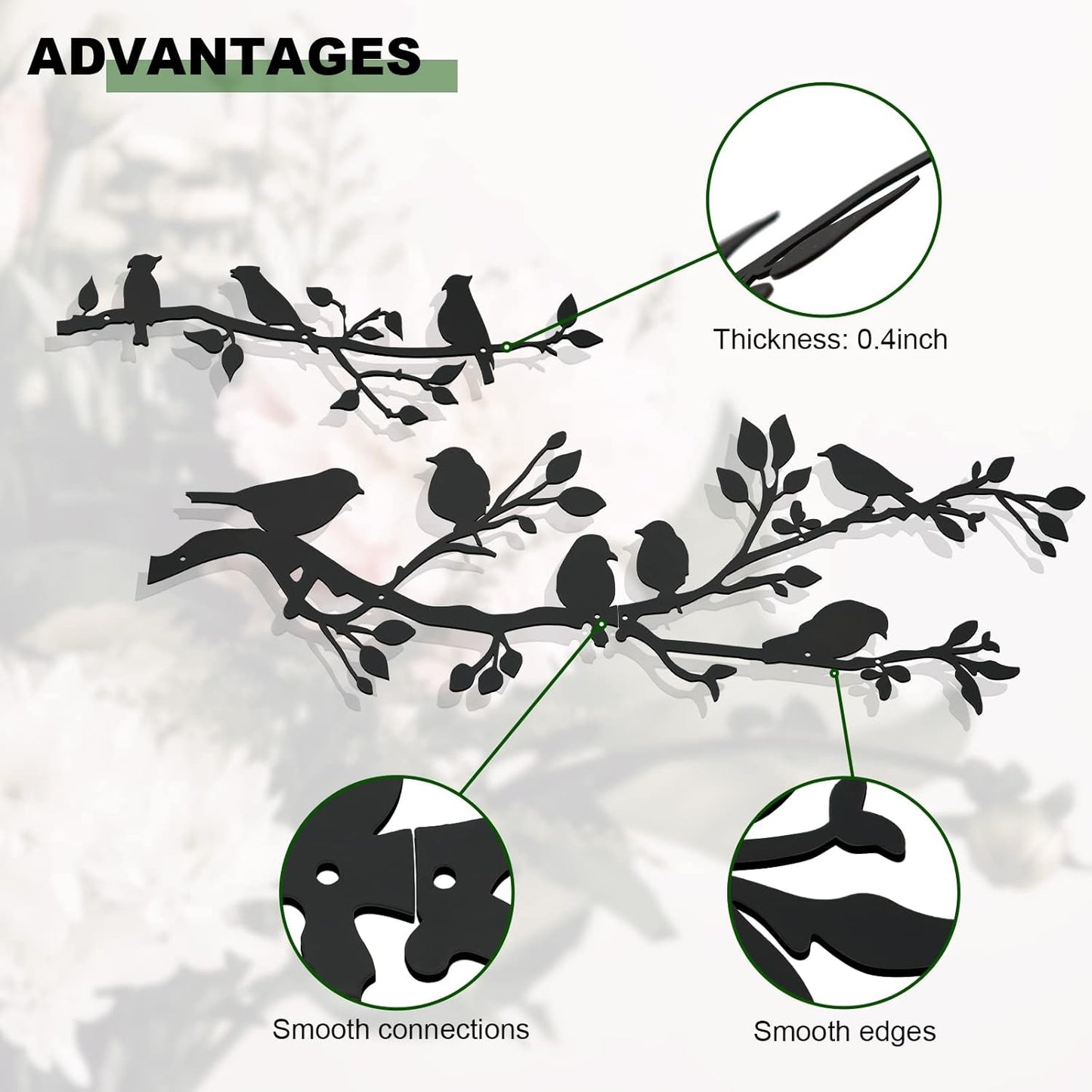ULENDIS 3Pcs Large Metal Birds Wall Art, Bird on Branch Metal Birds Wall Decor Leaves with Bird Silhouette Sculpture, Ornament Branch Wall Hanging Sign for Balcony Garden Indoor Outdoor Decor-VerdiqueGarden