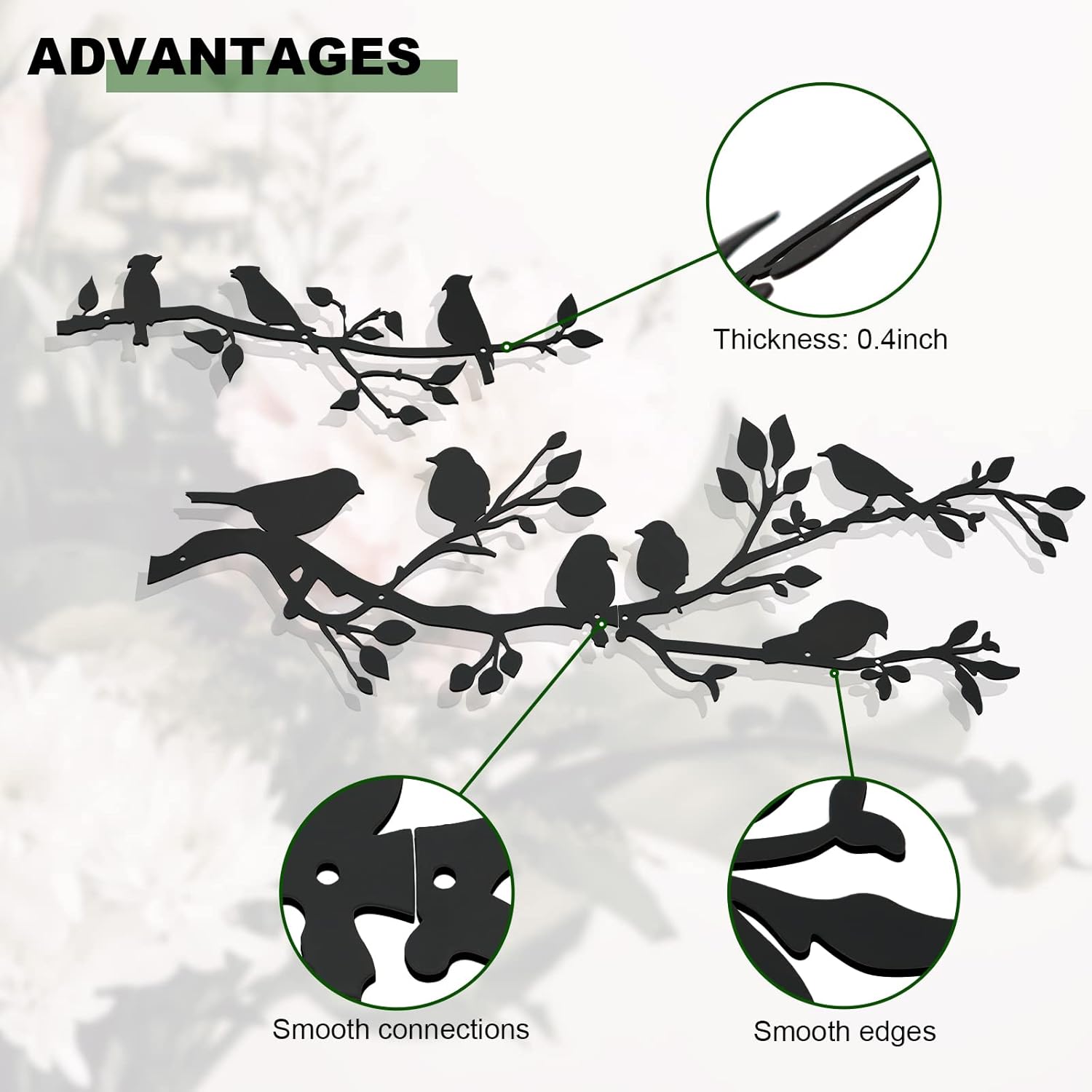 ULENDIS 3Pcs Large Metal Birds Wall Art, Bird on Branch Metal Birds Wall Decor Leaves with Bird Silhouette Sculpture, Ornament Branch Wall Hanging Sign for Balcony Garden Indoor Outdoor Decor-VerdiqueGarden