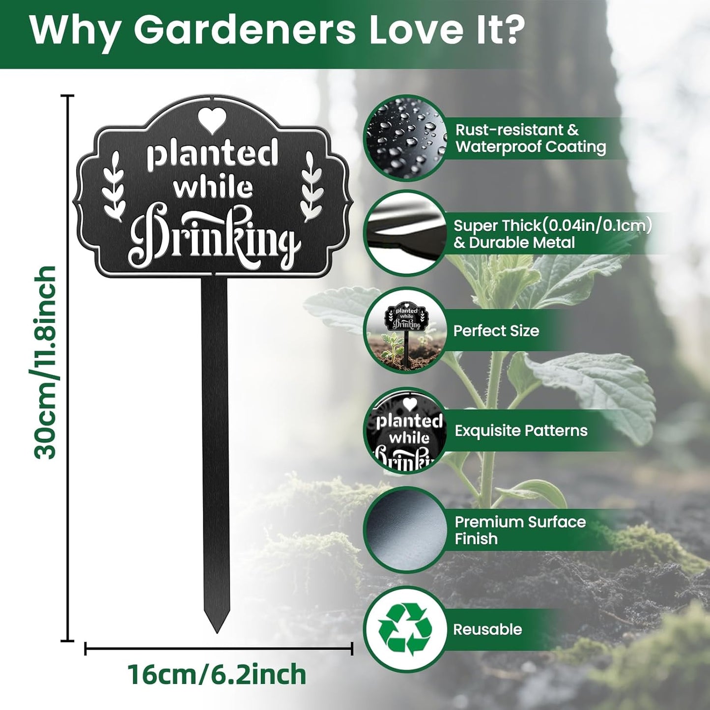 CUTHOLLOW Metal Plant Marker Stake Planted While Drinking for Outdoor Indoor, Waterproof 11.8 inch Cute Garden Plant Labels Sign Tag for Vegetables, Farmhouse Greenhouse Decor - Funny Gardening Gifts-VerdiqueGarden