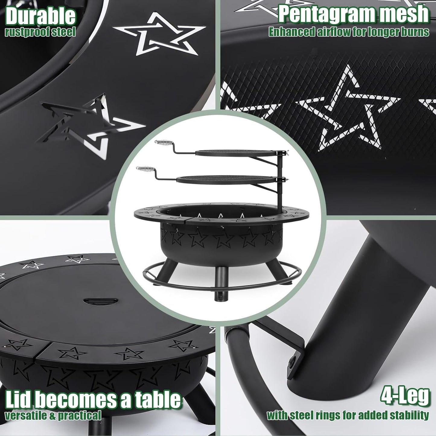 32.5" 3-in-1 Fire Pit Table with Dual Grills – Wood Burning Firepit for Outside Cooking, BBQ Grate & Round Patio Table – Includes Charcoal Pan, Log Rack,Poker & Lid for Backyard, Garden-VerdiqueGarden