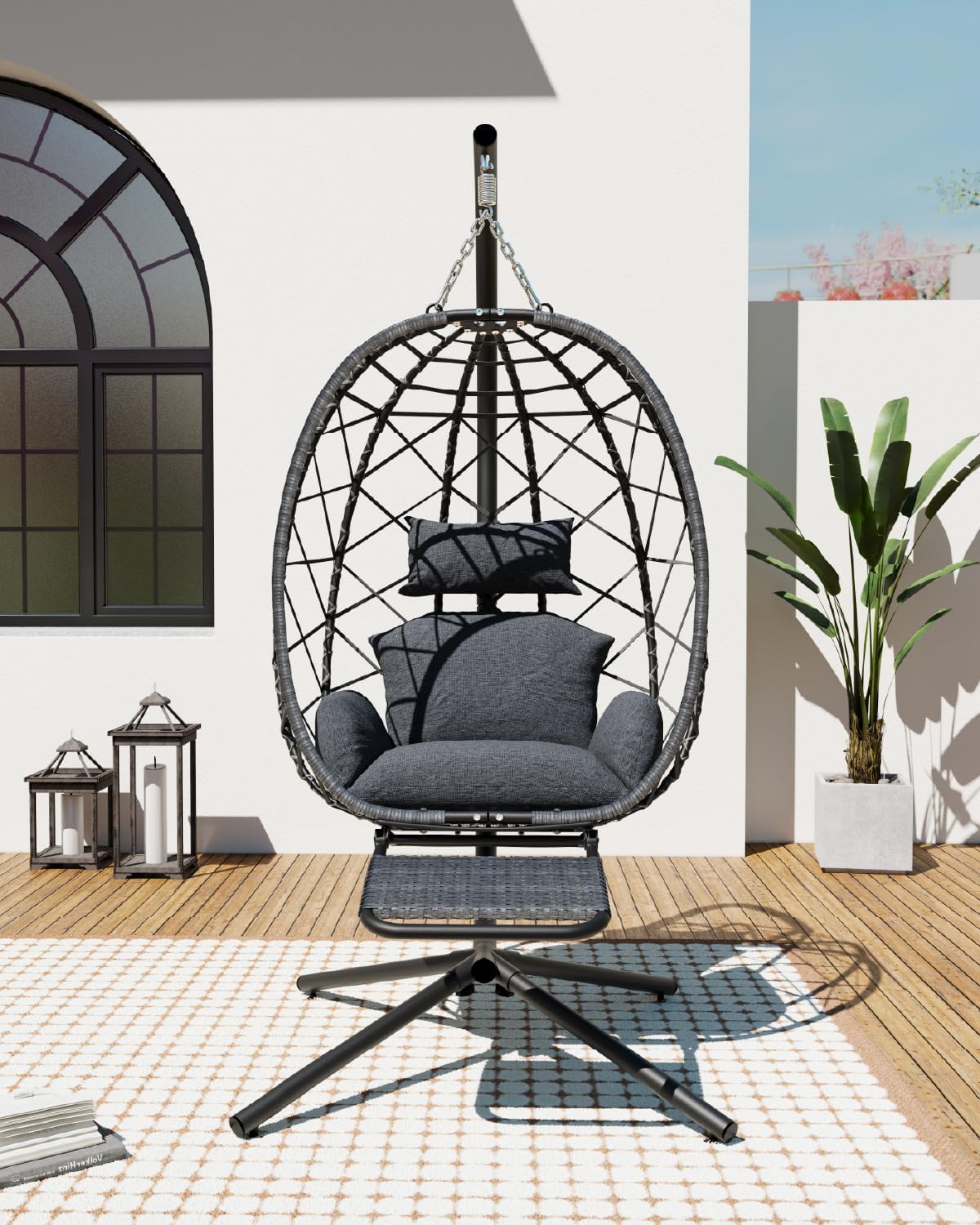 SWITTE Hanging Egg Chair with Stand, Outdoor Swing Egg Chair with Footrest, Patio Hammock Chair with Cushion for Garden Backyard-Dark Grey-VerdiqueGarden
