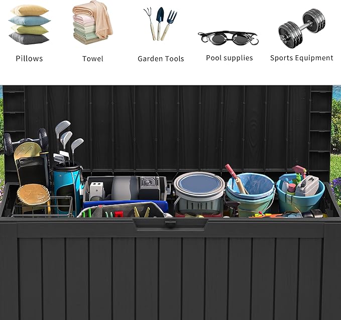 YITAHOME 72 Gallon Outdoor Resin Deck Box with Wheels, Pool Storage Box for Outdoor Cushions, Sports Equipment, Garden Tools, Black-VerdiqueGarden