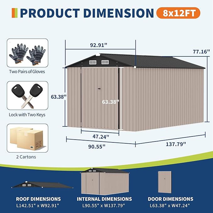 8x12 FT Metal Storage Sheds Outdoor, Metal Yard Sheds Garden Shed Kit, Metals Tool Shed with Lockable Door, Metals UtilityShed Buildings with Air Vent for Backyard Garden Patio Lawn-VerdiqueGarden