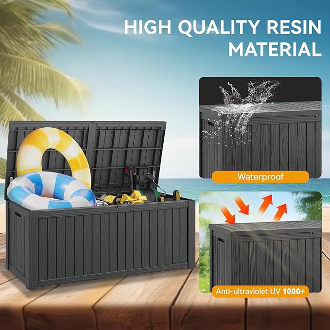 NUNU LAB 180 Gallon Outdoor Storage Box,Large Resin Sturdy Deck Box, Backyard Outside Storage Box Waterproof with Double Wall Panels,Package Delivery Garden Hose Storage Bin Outdoor Tool-VerdiqueGarden
