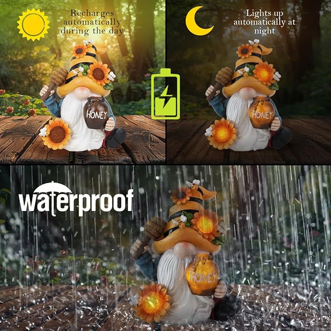 Hodao Spring Resin Garden Bumble Bee Themed Gnome Decorations-Solar-Powered Radiance-Honey Gnomes World Day Gifts Summer Lawn Garden Porch Sculptures & Statues Decorations-VerdiqueGarden
