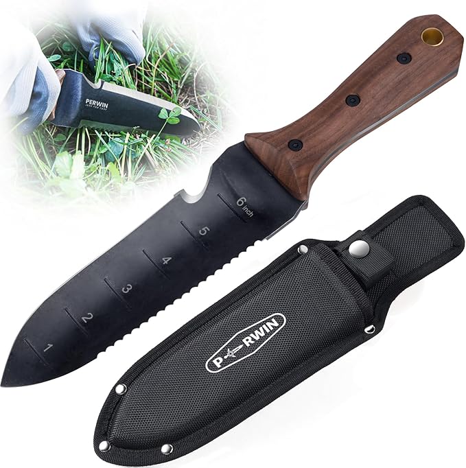 Hori Hori Garden Knife, Garden Tools with Sheath for Weeding,Planting,Digging, 7" Stainless Steel Blade with Cutting Edge, Full-Tang Wood Handle with Hanging Hole-VerdiqueGarden