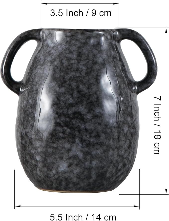 Black Ceramic Vase with 2 Handles, Modern Farmhouse Decor, Rustic Terracotta Pottery, Decorative Flower Vases, Clay Small Vase, Centerpiece for Dining Table - 7 Inch Tall-VerdiqueGarden