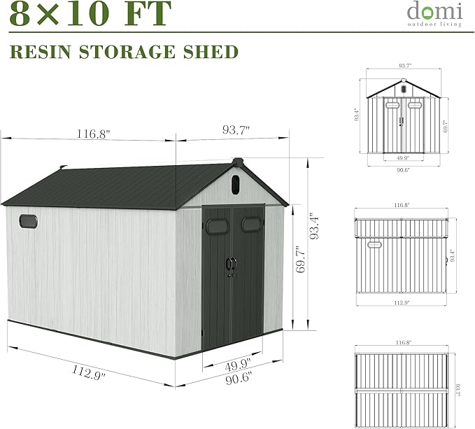 Domi 8x10FT Outdoor Resin Storage Shed with Transparent Windows & Louvered Vents, Plastic Tool Shed with Double Lockable Doors & Gable Roof, Outside Garden Shed for Backyard, Patio, Lawn, Grey-VerdiqueGarden
