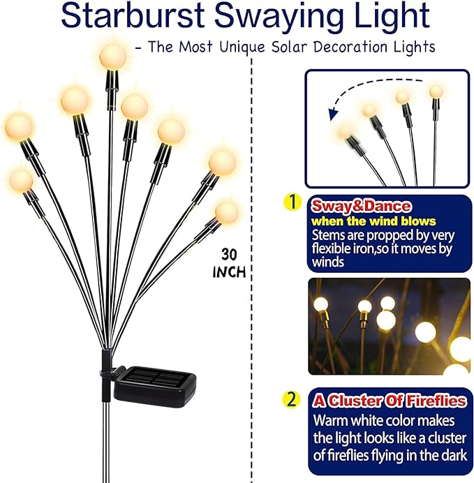 TONULAX Solar Garden Lights - Upgraded Solar Swaying Light, Sway by Wind, Outdoor Lights, Yard Patio Pathway Decoration, High Flexibility Iron Wire & Heavy Bulb Base, Warm White(10 Pack)-VerdiqueGarden