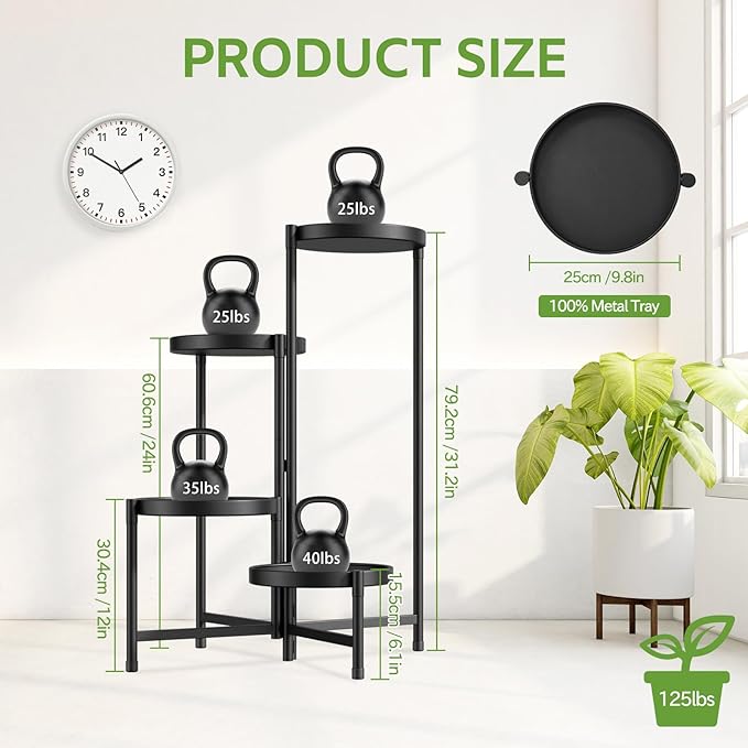 iDavosic.ly 4 Tier Large Plant Stand Indoor with 10 Inch Wide Tray, Tiered Corner Metal Outdoor Flower Display Holder Shelf, Folding Tall Rack for Patio Porch Living Room, Modern Black-VerdiqueGarden