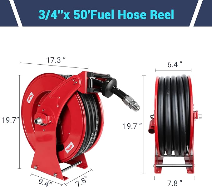Fuel Hose Reel, 3/4" x 50FT Retractable Diesel Hose Reel, 300 PSI Industrial Heavy Duty Auto Swivel Rewind Hose Holder Reels, for Vehicle Tank Truck Trailer Ship-VerdiqueGarden