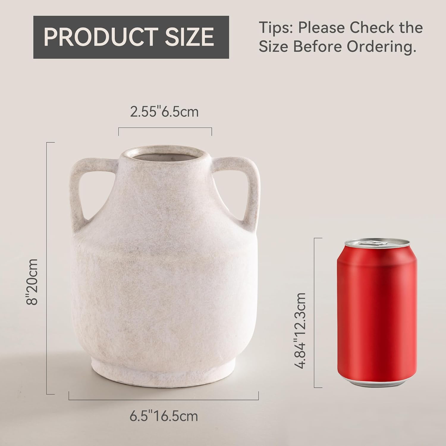 Mitt&Ditt Ceramic Flower Vase with Handles, 8 inch Tall Off-White Vase, Decorative Terracotta Vases, Farmhouse Rustic Pottery Vases for Home Decor, Living Room, Table-VerdiqueGarden