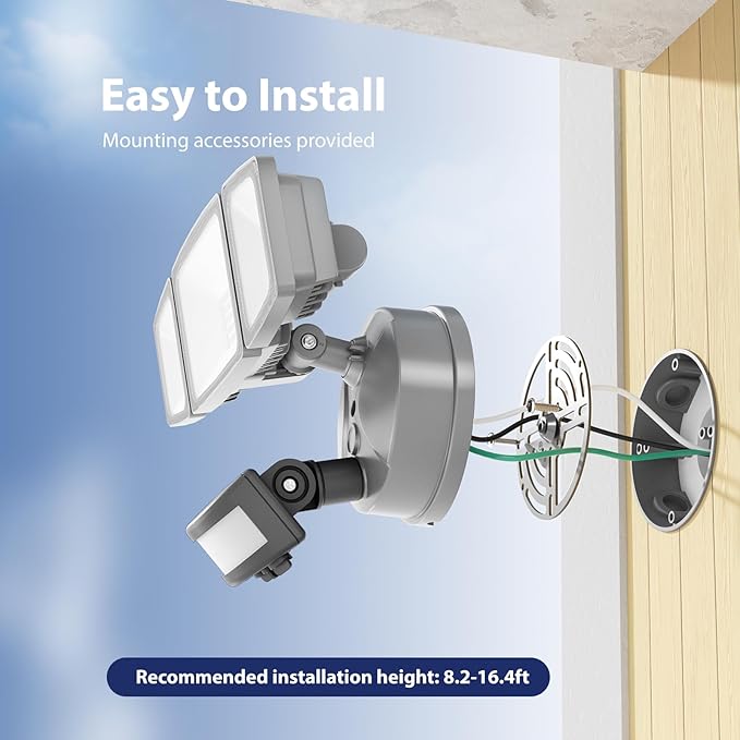 Onforu 65W LED Security Lights Motion Sensor Light Outdoor, 6500LM, 6500K, IP65 Waterproof, Flood Light Outdoor Motion Detector with Adjustable 3 Head, Hardwired Wall Light for Entryway, Yard (Gray)-VerdiqueGarden