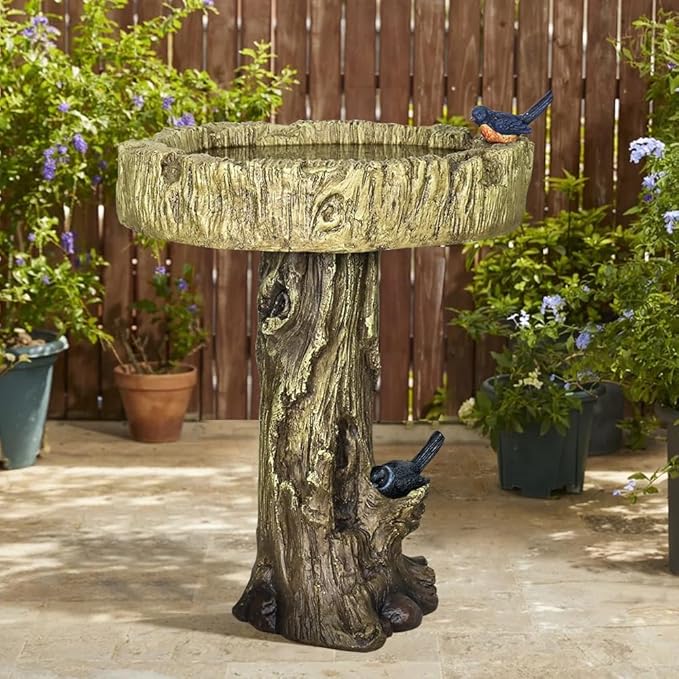 SKYFIRE 24.4” H Fibre Reinforced Concrete Outdoor Garden Bird Bath with Birds, Woodland Tree Trunk Decoration Yard Statue，Pedestal Birdbaths for Outdoors, Garden, Patio, Lawn, Backyard-VerdiqueGarden