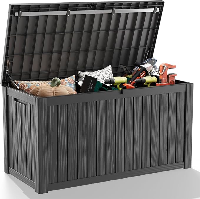 DRATO 150 Gallon Outdoor Storage Box, Large Waterproof Deck Box, Lockable Resin Storage Container with Reinforced Support for Patio Cushions, Garden Tools, UV-Resistant Outdoor Chest（Black）-VerdiqueGarden