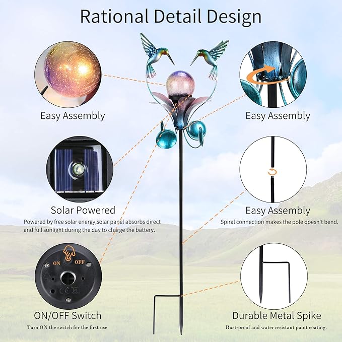 VCUTEKA Solar Lights Outdoor Metal Garden Stake Waterproof Crackle Glass Globe Garden Decor Hummingbird for Pathway, Lawn, Patio, Yard-VerdiqueGarden