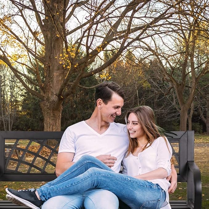 Garden Bench,Outdoor Benches,Iron Steel Frame Patio Bench with Mesh Pattern and Plastic Backrest Armrests for Lawn Yard Porch Work Entryway,Black-VerdiqueGarden