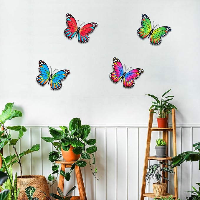 Oraytteo 4 Pack Metal Butterfly Wall Decor, Butterflies Wall Art Hanging Sculptures for Outdoor, Fence Patio Yard Tree Garden Home Decorations, Housewarming Gift-VerdiqueGarden