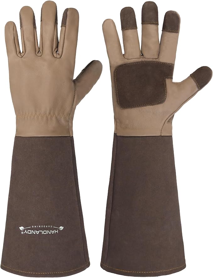 HANDLANDY Long Gardening Gloves for Men & Women, Cowhide Leather Rose Pruning Gloves- Breathable & Durable Gauntlet Glove (Large, Brown)-VerdiqueGarden