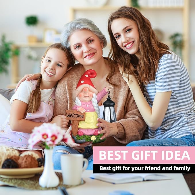 Solar Garden Gnome Statue Holding LED Lantern with Welcome Sign Outdoor Ornaments Waterproof Christmas Decoration for Outside Patio Yard Lawn Decor (Pink)-VerdiqueGarden