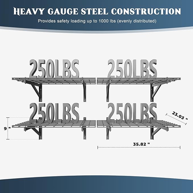 4 Pack Heavy Duty Garage Wall Shelving Set (2x3ft), Wall Mounted Garage Shelves 1000lbs Capacity, 24"x72" Shelf Storage Rack Floating Shelves, Black-VerdiqueGarden