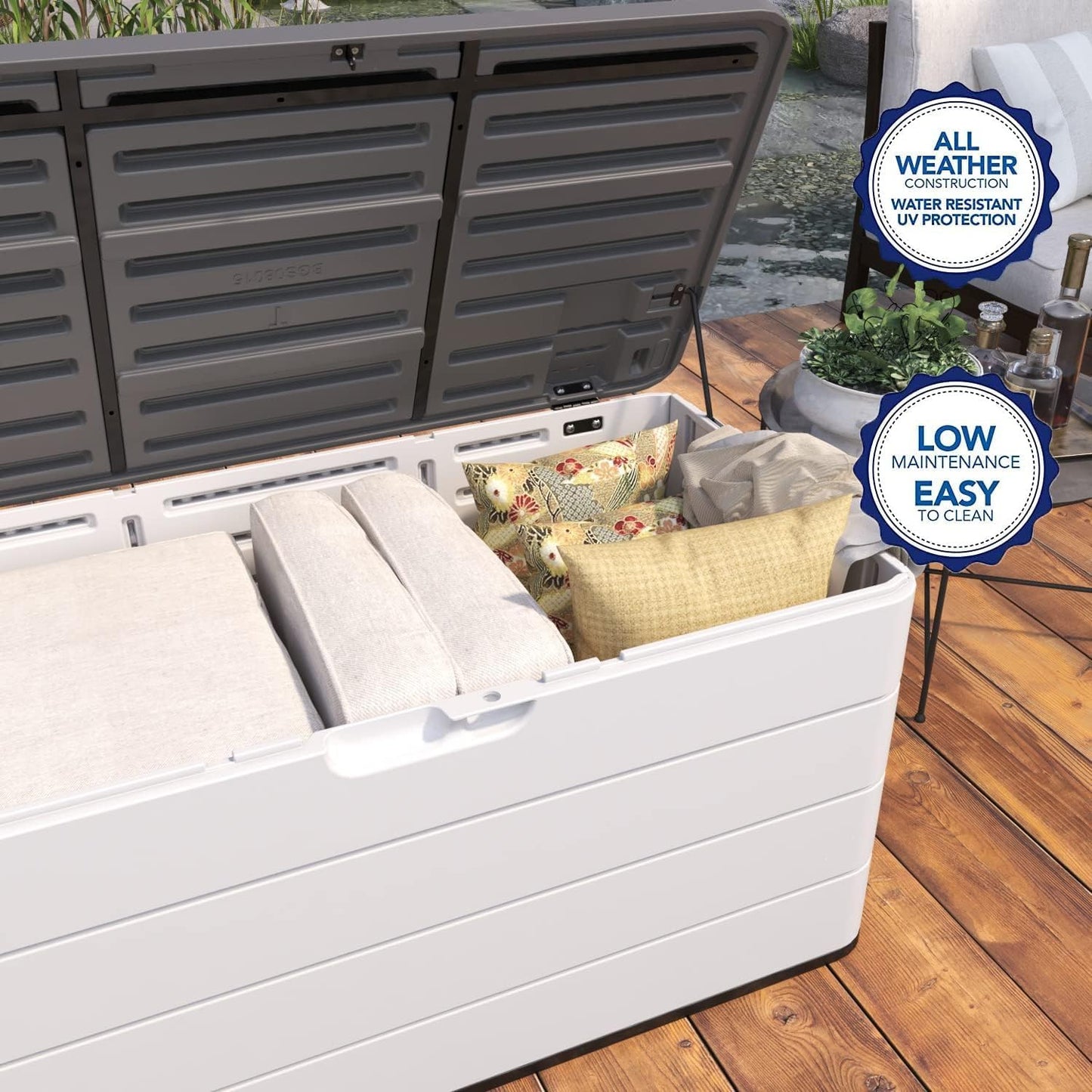 100 GAL Resin Deck Box - Lockable Waterproof Outdoor Storage Bench for Patio Cushions, Garden Tools & Pool Accessories - Wood-Look Texture, White-VerdiqueGarden