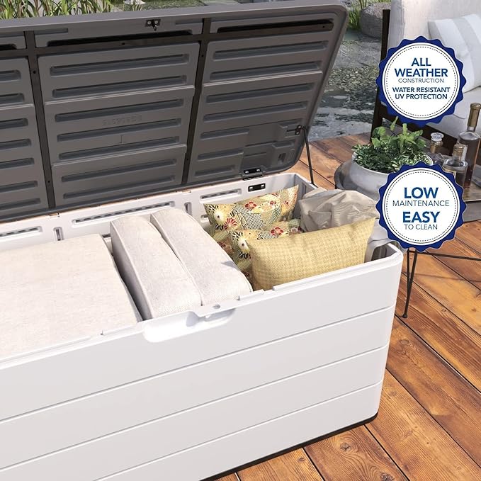 Heavy-Duty 100 Gallon Outdoor Storage Box - Waterproof Deck Box & Large Storage Bin for Patio/Pool, All-Weather Resin Chest with Lock, UV-Resistant, Alpine White-VerdiqueGarden