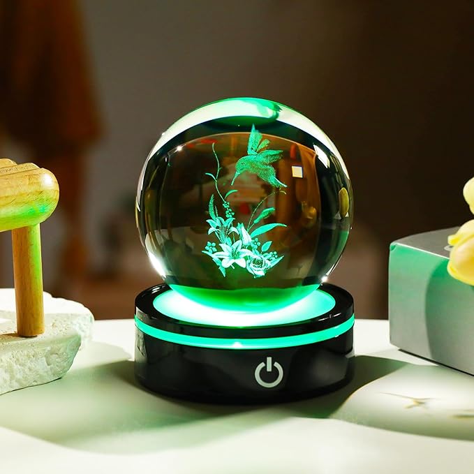 YWHL 3D Hummingbird Figurine Crystal Ball with Light Base, Hummingbird Gifts for Women Men on Christmas Birthday, 3D Laser Engraved Hummingbird Ornament Glass Decorative Ball for Home Office (80mm)-VerdiqueGarden