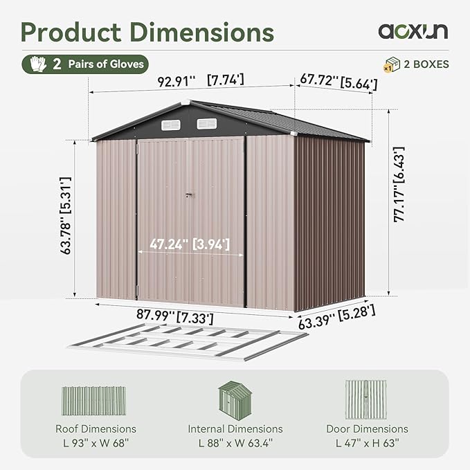 Aoxun 7x5 FT Outdoor Storage Shed with Base Garden Metal Shed with Lockable Door Outdoor Large Shed for Tool, Garbage Can, Bike, Mower, Brown-VerdiqueGarden