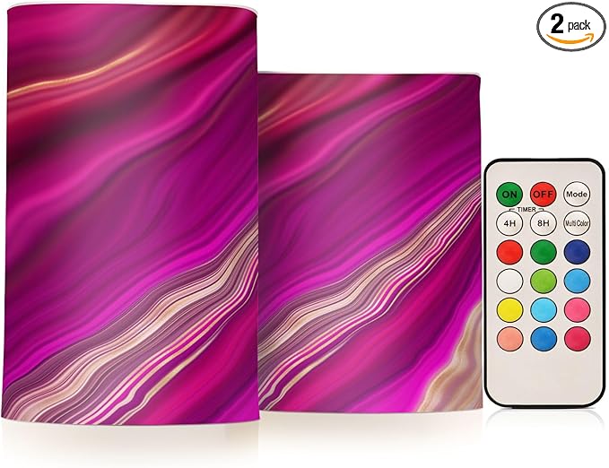 Flickering Flameless Candles, Fuchsia Gold Fluid Marble LED Candles with Remote Timer, Set of 2 Battery Operated Candle for Valentine Wedding Birthday-VerdiqueGarden