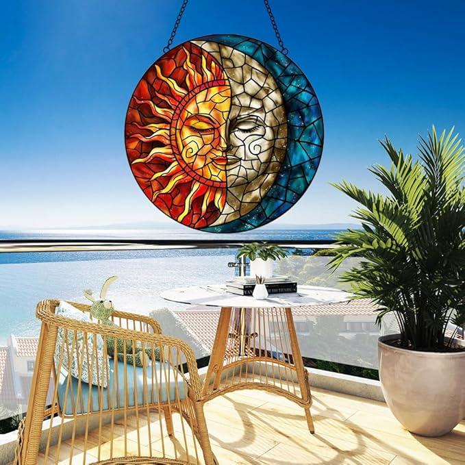 Sun and Moon Suncatcher Stained Glass Window Hanging - Handmade Stain Glass Suncatchers with Chain - Sun Catchers Indoor Window Glass Panel for Home Decor Garden Thanksgiving Valentines Day Gifts-VerdiqueGarden