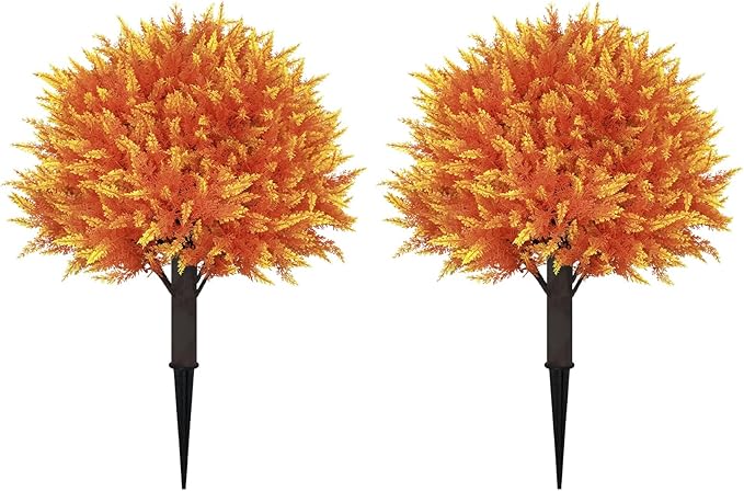 24" Artificial Cedar Topiary Ball Bushes, Set of 2 UV Resistant Fake Trees Outdoor Shrubs with Stake, Weatherproof Faux Plants for Planter, Front Porch, Garden, Yard, Patio Fall Decor-VerdiqueGarden