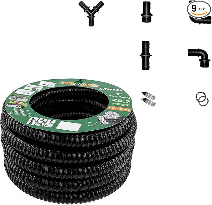 1" Dia. Corrugated Pond Tubing 1-Inch ID, 20.6 FT Length, Black PVC Kinkproof Strong Flex Tubing with Pipe Fittings, Aquarium, Pond Waterfall, Garden Pond Pump Drainage Tube-VerdiqueGarden