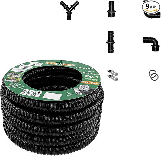 1" Dia. Corrugated Pond Tubing 1-Inch ID, 20.6 FT Length, Black PVC Kinkproof Strong Flex Tubing with Pipe Fittings, Aquarium, Pond Waterfall, Garden Pond Pump Drainage Tube-VerdiqueGarden