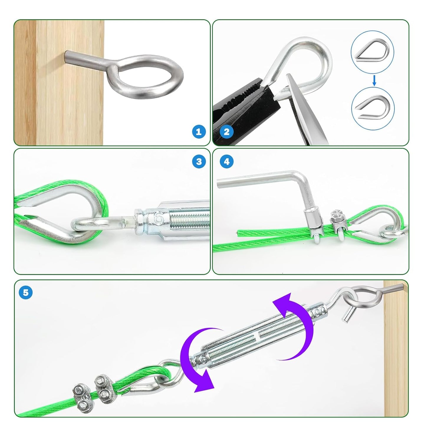 M6 Turnbuckles for Cables Wire, 3/16" Green PVC Coated Wire Rope Kit, Multi-use Steel Cable for Grape Vines/Clothes Line Outdoors for T Post/String Light Hanging/Garden Wire-VerdiqueGarden
