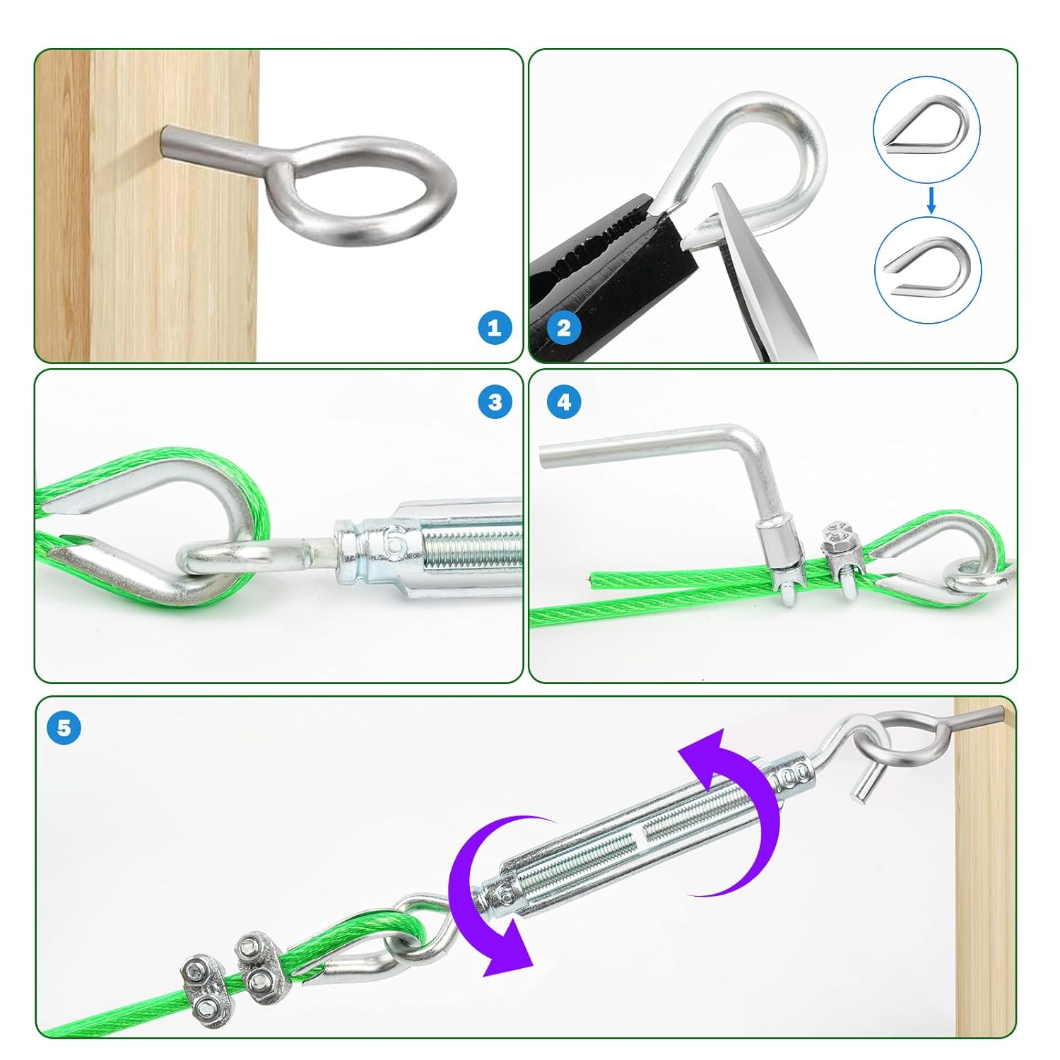 M6 Turnbuckles for Cables Wire, 3/16" Green PVC Coated Wire Rope Kit, Multi-use Steel Cable for Grape Vines/Clothes Line Outdoors for T Post/String Light Hanging/Garden Wire-VerdiqueGarden