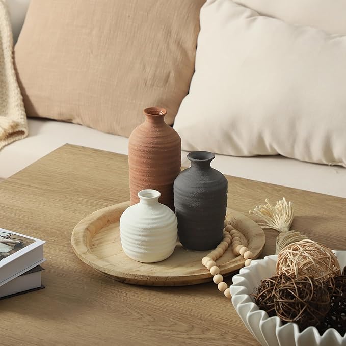 Ceramic Vase Set of 3 Neutral Decorative Vase for Farmhouse, Boho, or Rustic Home Decor Pottery Vases for Pampas Grass Living Room Bedroom Table Mantel Entryway Shelf (01-Brown)-VerdiqueGarden