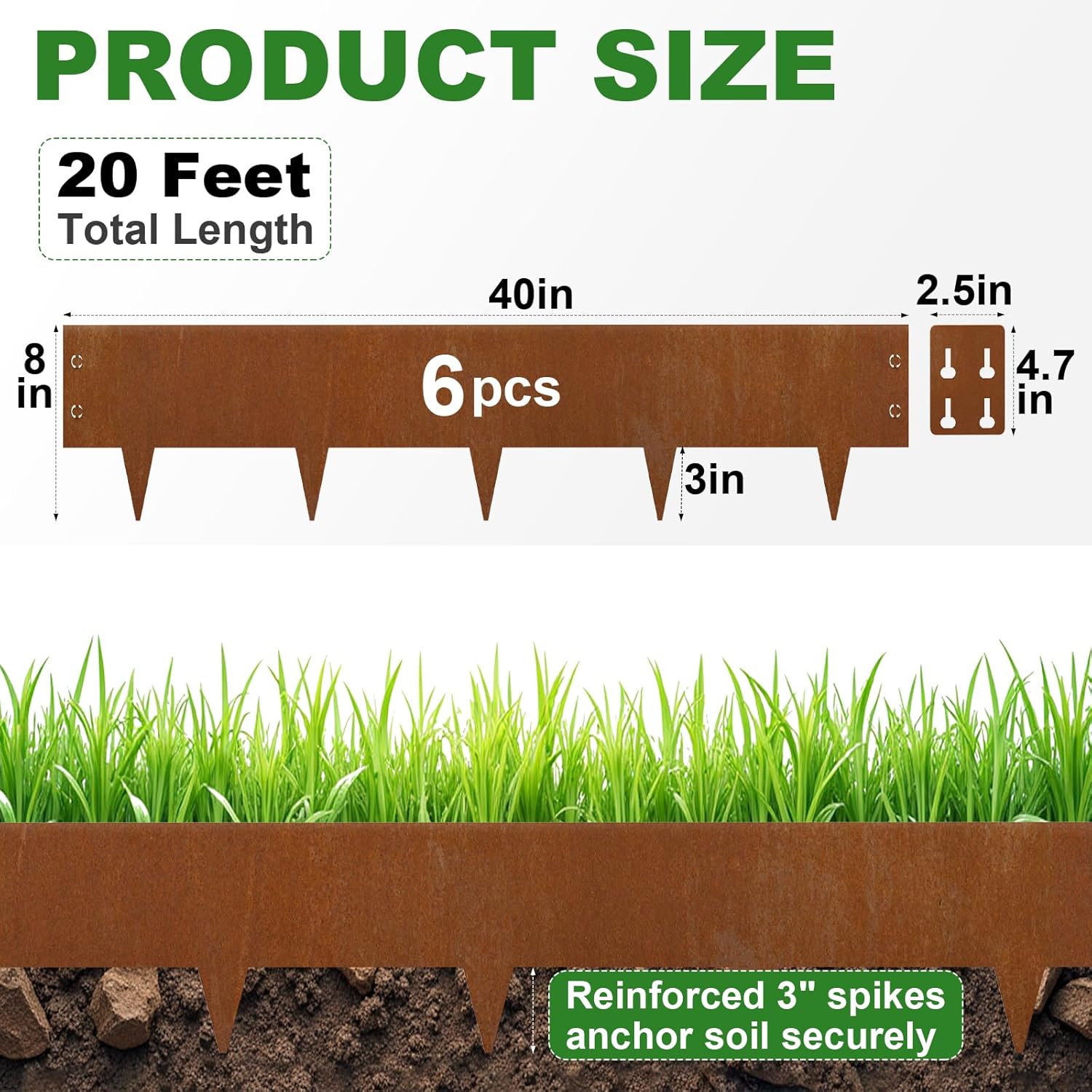 Heavy-Duty Cor-Ten Steel Landscape Edging (8" H x 40" L) - 6-Pack (20 Ft Total) | Pre-Rusted, Weatherproof Garden Border | Hammer-in, No Dig, Bendable Design for Lawns, Flower Beds & Trees-VerdiqueGarden