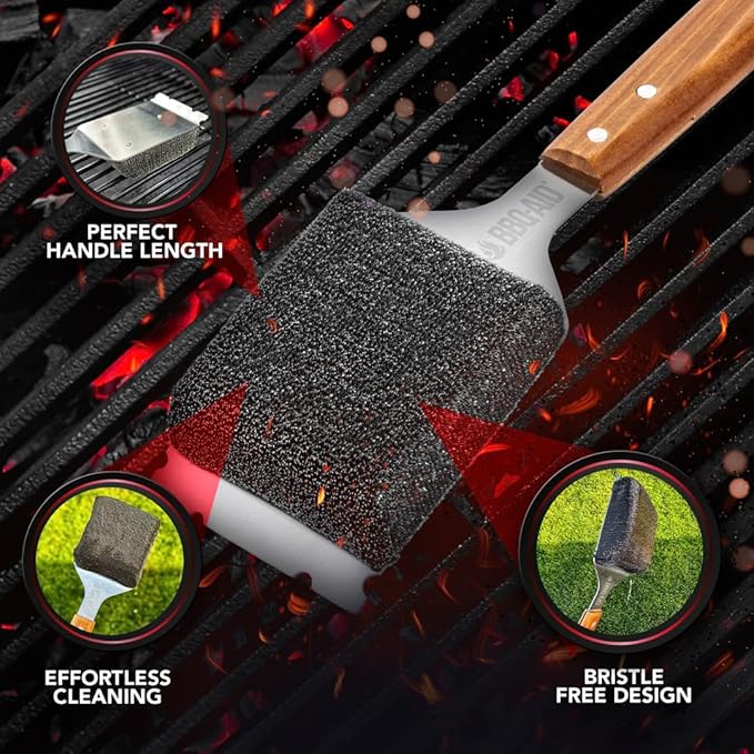 BBQ-AID Bristle Free Grill Brush and Scraper for Barbecue - Extended Large Wooden Handle With Replaceable Head - No Scratch BBQ Cleaning Accessories for Outdoor Grills-VerdiqueGarden