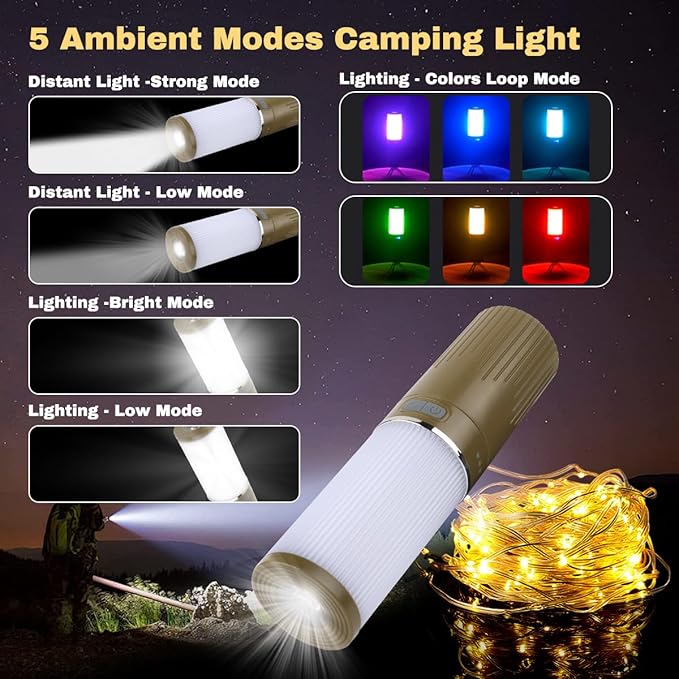 Camping Lantern with 49.2FT String, 2 in 1 Outdoor Warm White String Lights with 4 Modes & 5 Modes Rechargeable Camping Lamp IPX4 Waterproof Portable LED Tent Light for Outdoor Yard Garden Decoration-VerdiqueGarden