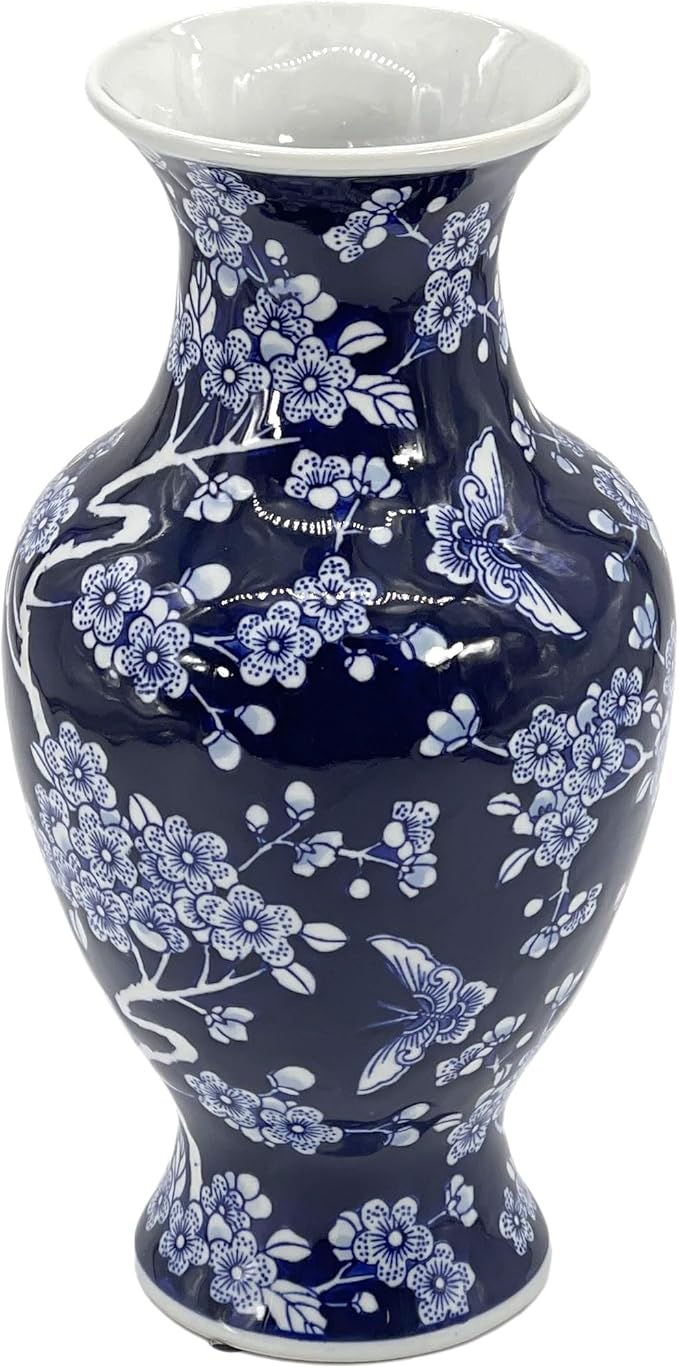 Galt International Dark Blue Floral Chinoiserie Ceramic Vase 14"- Hand Painted Antique Style Porcelain Butterfly & Flower Bottle Fishtail Porcelain Chinese Vase for Home Decor Centerpiece-VerdiqueGarden