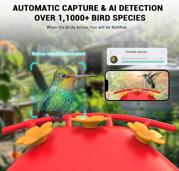 Hummingbird Feeder with Camera, AI Smart Identification Cloud Storage Function, Featuring Ant Moat Protection, Solar Power, Instant Notification, Automatic Bird Video Capture, and Motion Detection-VerdiqueGarden