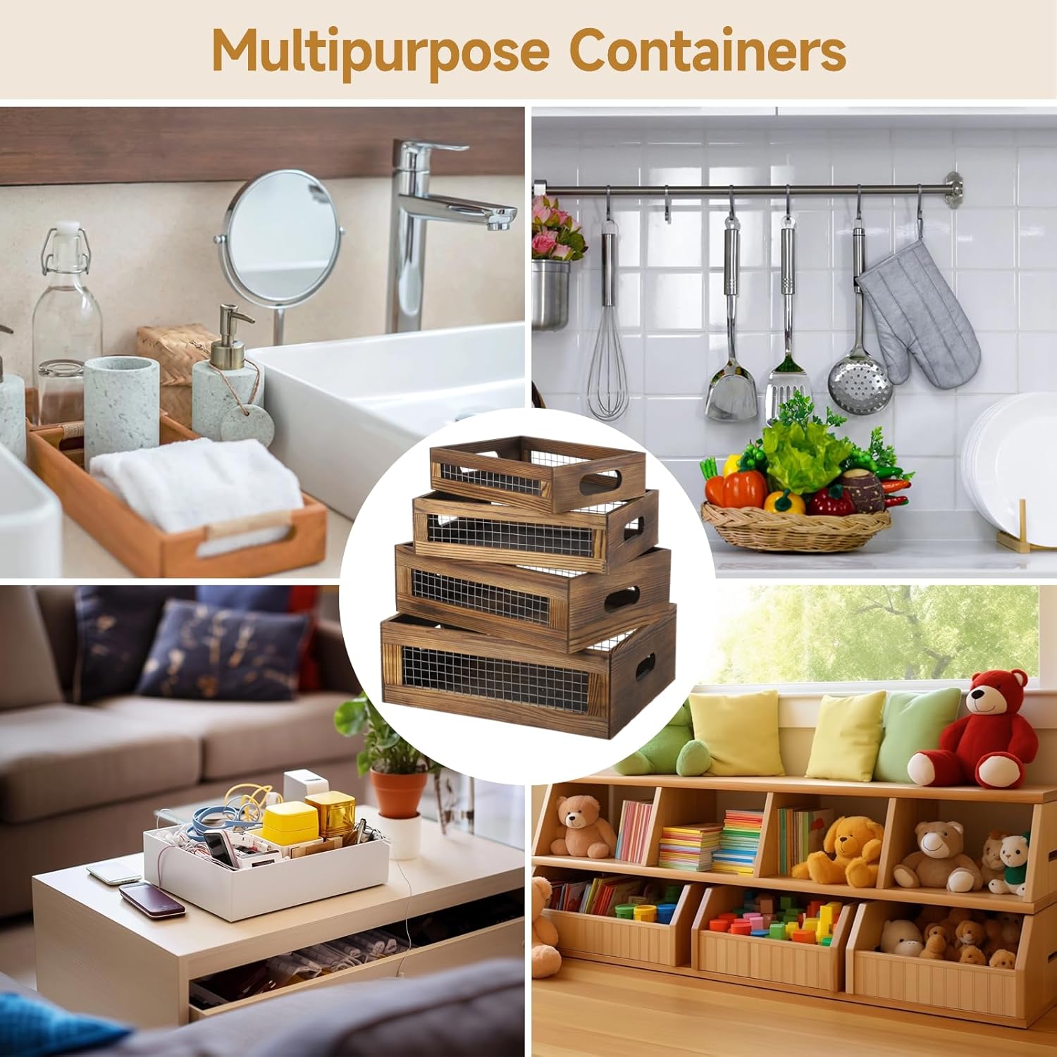 4 Pcs Wooden Nesting Countertop Baskets, 4-Size Rustic Storage Boxes, Wood Wire Containers with Handles, Multipurpose Decorative Organizer Crates for Fruits, Veggies, Kitchen, Pantry-VerdiqueGarden