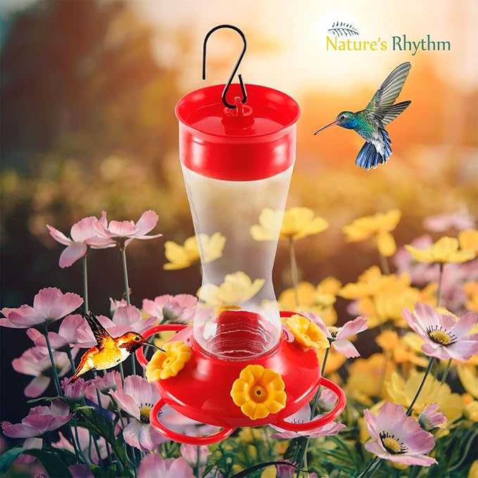 Nature's Rhythm Bird Feeder 4 bee Guard Plastic Yellow Flowers Feeding Port 8oz Glass Pinch Waist Hummingbird Feeder (2Pcs)-VerdiqueGarden